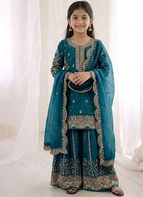 Girls teal fendy silk embroidered kurta with plazzo and dupatta set 1