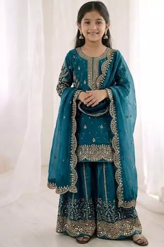 Girls teal fendy silk embroidered kurta with plazzo and dupatta set