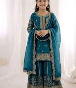 Girls teal fendy silk embroidered kurta with plazzo and dupatta set