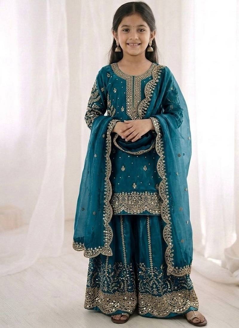 Girls teal fendy silk embroidered kurta with plazzo and dupatta set