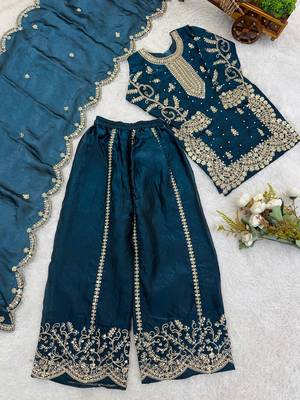 Girls teal fendy silk embroidered kurta with plazzo and dupatta set 2
