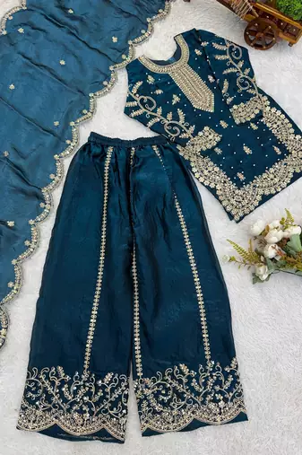 Girls teal fendy silk embroidered kurta with plazzo and dupatta set