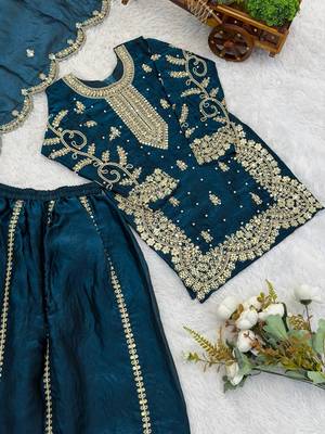 Girls teal fendy silk embroidered kurta with plazzo and dupatta set 3