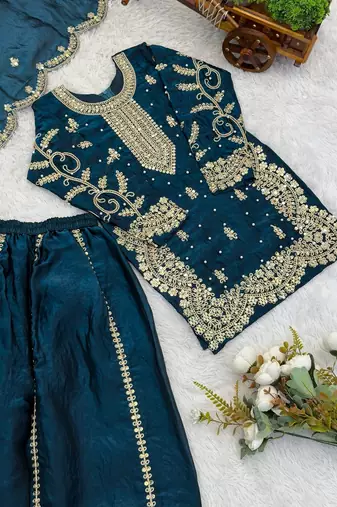 Girls teal fendy silk embroidered kurta with plazzo and dupatta set