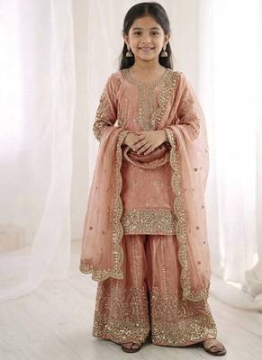 Girls peach fendy silk embroidered kurta with plazzo and dupatta set 1