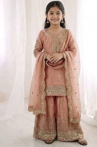 Girls peach fendy silk embroidered kurta with plazzo and dupatta set