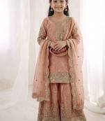 Girls peach fendy silk embroidered kurta with plazzo and dupatta set