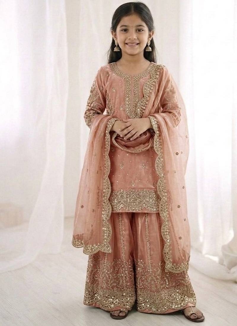 Girls peach fendy silk embroidered kurta with plazzo and dupatta set
