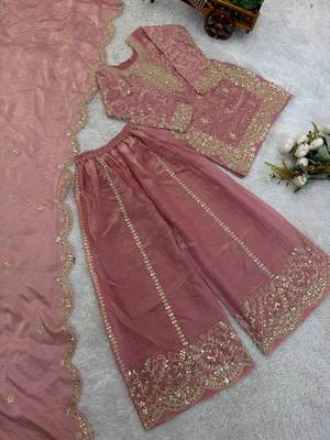 Girls peach fendy silk embroidered kurta with plazzo and dupatta set 2