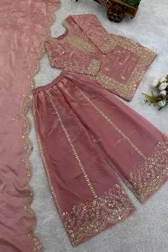 Girls peach fendy silk embroidered kurta with plazzo and dupatta set