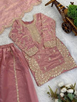 Girls peach fendy silk embroidered kurta with plazzo and dupatta set 3