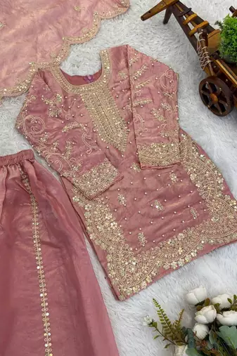 Girls peach fendy silk embroidered kurta with plazzo and dupatta set