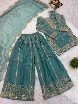Girls seagreen fendy silk embroidered kurta with plazzo and dupatta set 2