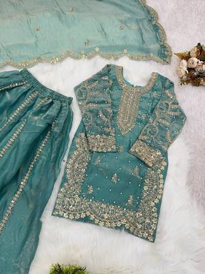 Girls seagreen fendy silk embroidered kurta with plazzo and dupatta set 3