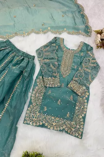 Girls seagreen fendy silk embroidered kurta with plazzo and dupatta set