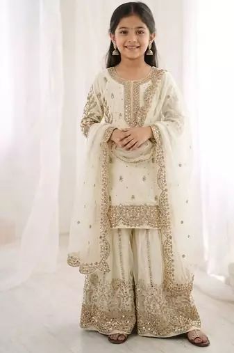 Girls white fendy silk embroidered kurta with plazzo and dupatta set