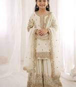 Girls white fendy silk embroidered kurta with plazzo and dupatta set