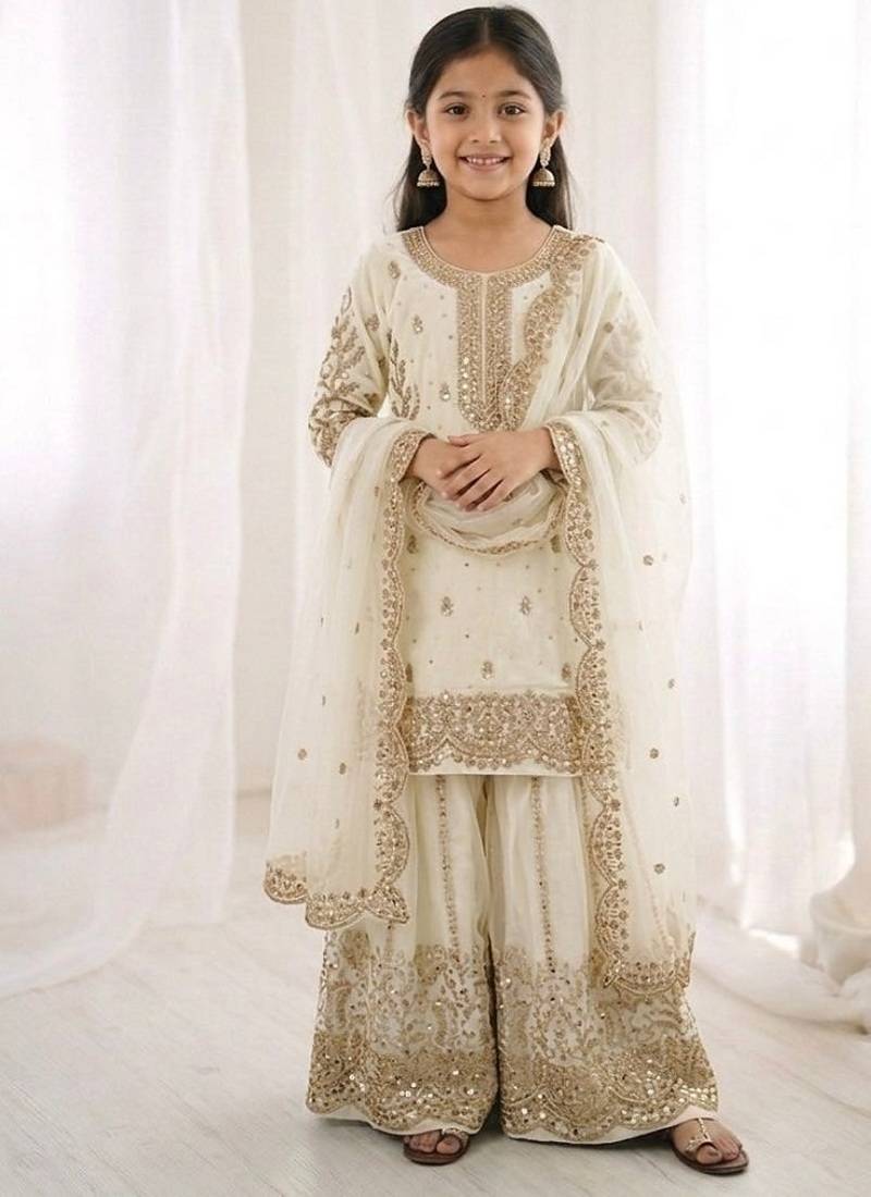 Girls white fendy silk embroidered kurta with plazzo and dupatta set
