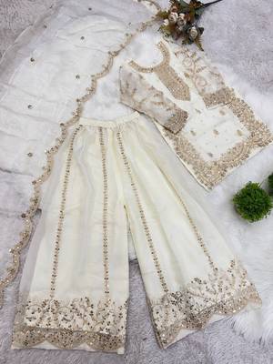 Girls white fendy silk embroidered kurta with plazzo and dupatta set 2