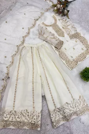 Girls white fendy silk embroidered kurta with plazzo and dupatta set