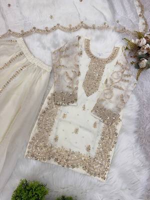 Girls white fendy silk embroidered kurta with plazzo and dupatta set 3