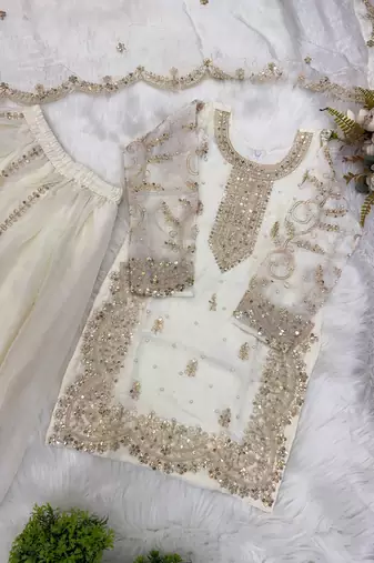 Girls white fendy silk embroidered kurta with plazzo and dupatta set