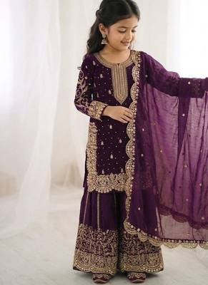 Girls wine fendy silk embroidered kurta with plazzo and dupatta set 1