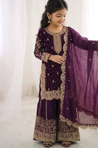 Girls wine fendy silk embroidered kurta with plazzo and dupatta set