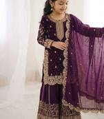 Girls wine fendy silk embroidered kurta with plazzo and dupatta set