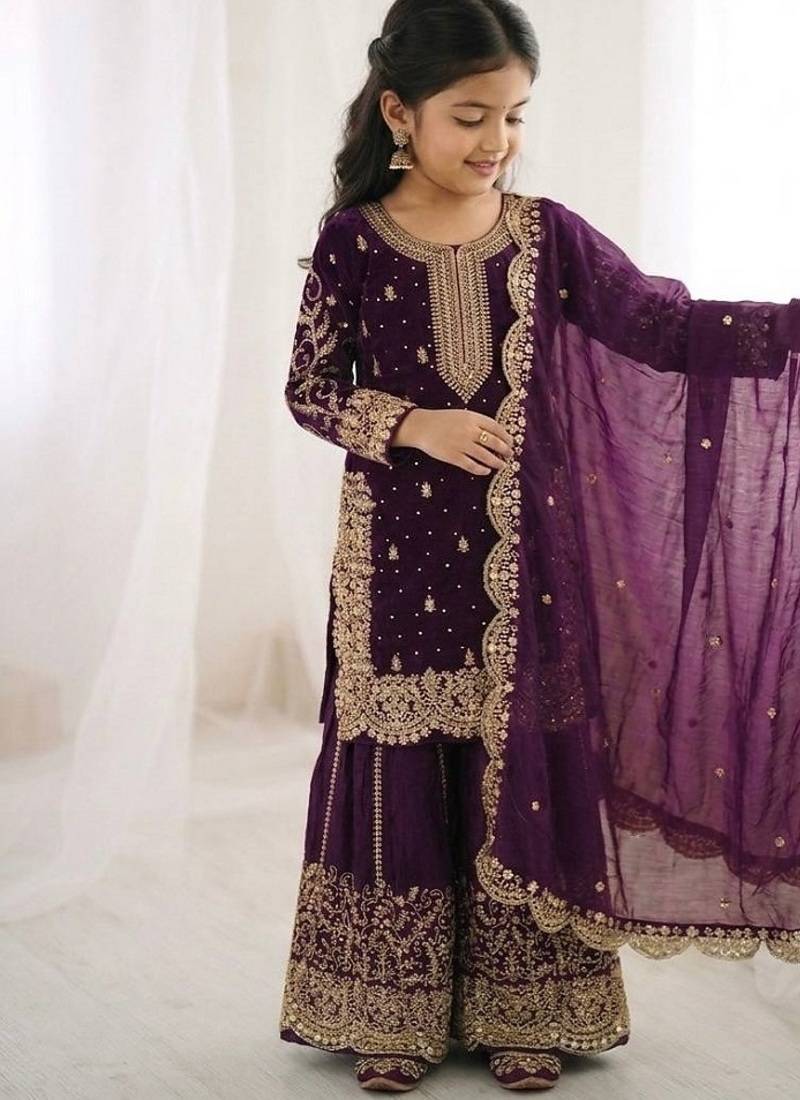 Girls wine fendy silk embroidered kurta with plazzo and dupatta set