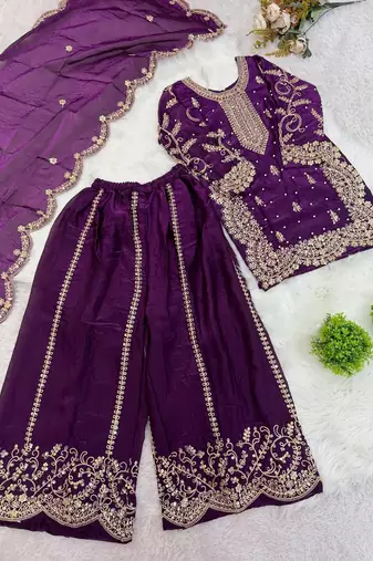 Girls wine fendy silk embroidered kurta with plazzo and dupatta set
