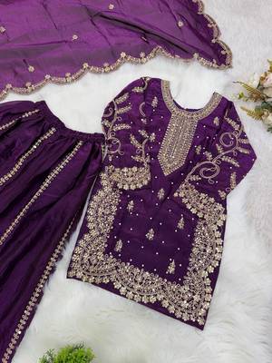 Girls wine fendy silk embroidered kurta with plazzo and dupatta set 3