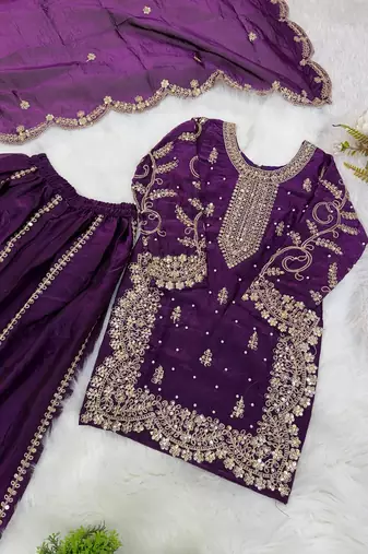 Girls wine fendy silk embroidered kurta with plazzo and dupatta set