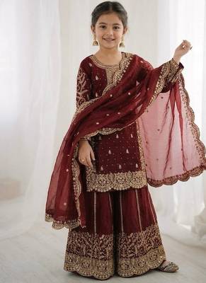 Girls maroon fendy silk embroidered kurta with plazzo and dupatta set 1