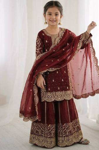 Girls maroon fendy silk embroidered kurta with plazzo and dupatta set
