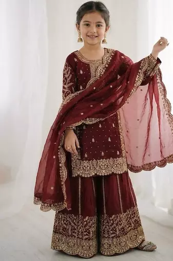 Girls maroon fendy silk embroidered kurta with plazzo and dupatta set