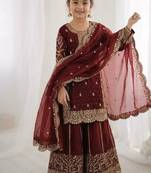 Girls maroon fendy silk embroidered kurta with plazzo and dupatta set