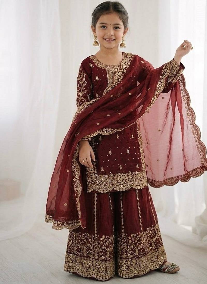 Girls maroon fendy silk embroidered kurta with plazzo and dupatta set