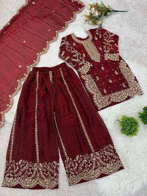 Girls maroon fendy silk embroidered kurta with plazzo and dupatta set 2