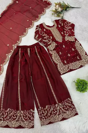 Girls maroon fendy silk embroidered kurta with plazzo and dupatta set