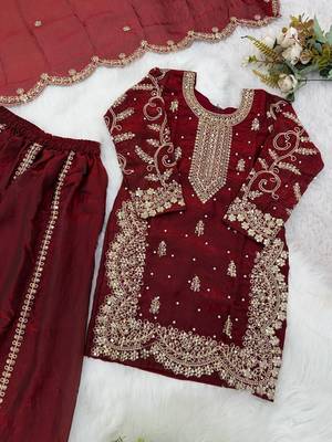 Girls maroon fendy silk embroidered kurta with plazzo and dupatta set 3