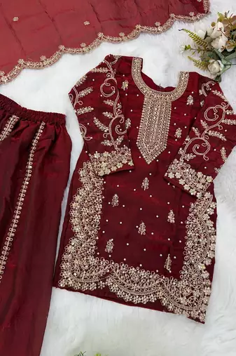 Girls maroon fendy silk embroidered kurta with plazzo and dupatta set