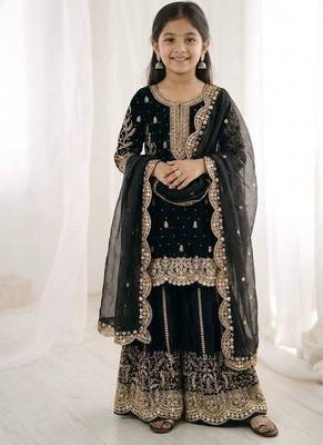 Girls black fendy silk embroidered kurta with plazzo and dupatta set 1
