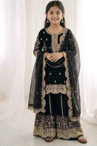 Girls black fendy silk embroidered kurta with plazzo and dupatta set