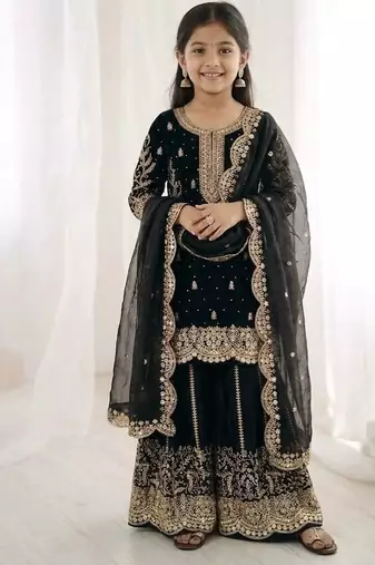 Girls black fendy silk embroidered kurta with plazzo and dupatta set