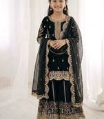 Girls black fendy silk embroidered kurta with plazzo and dupatta set