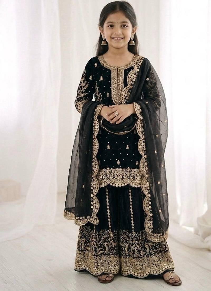 Girls black fendy silk embroidered kurta with plazzo and dupatta set