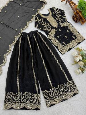 Girls black fendy silk embroidered kurta with plazzo and dupatta set 2