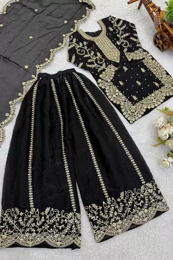 Girls black fendy silk embroidered kurta with plazzo and dupatta set