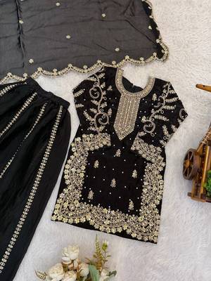 Girls black fendy silk embroidered kurta with plazzo and dupatta set 3